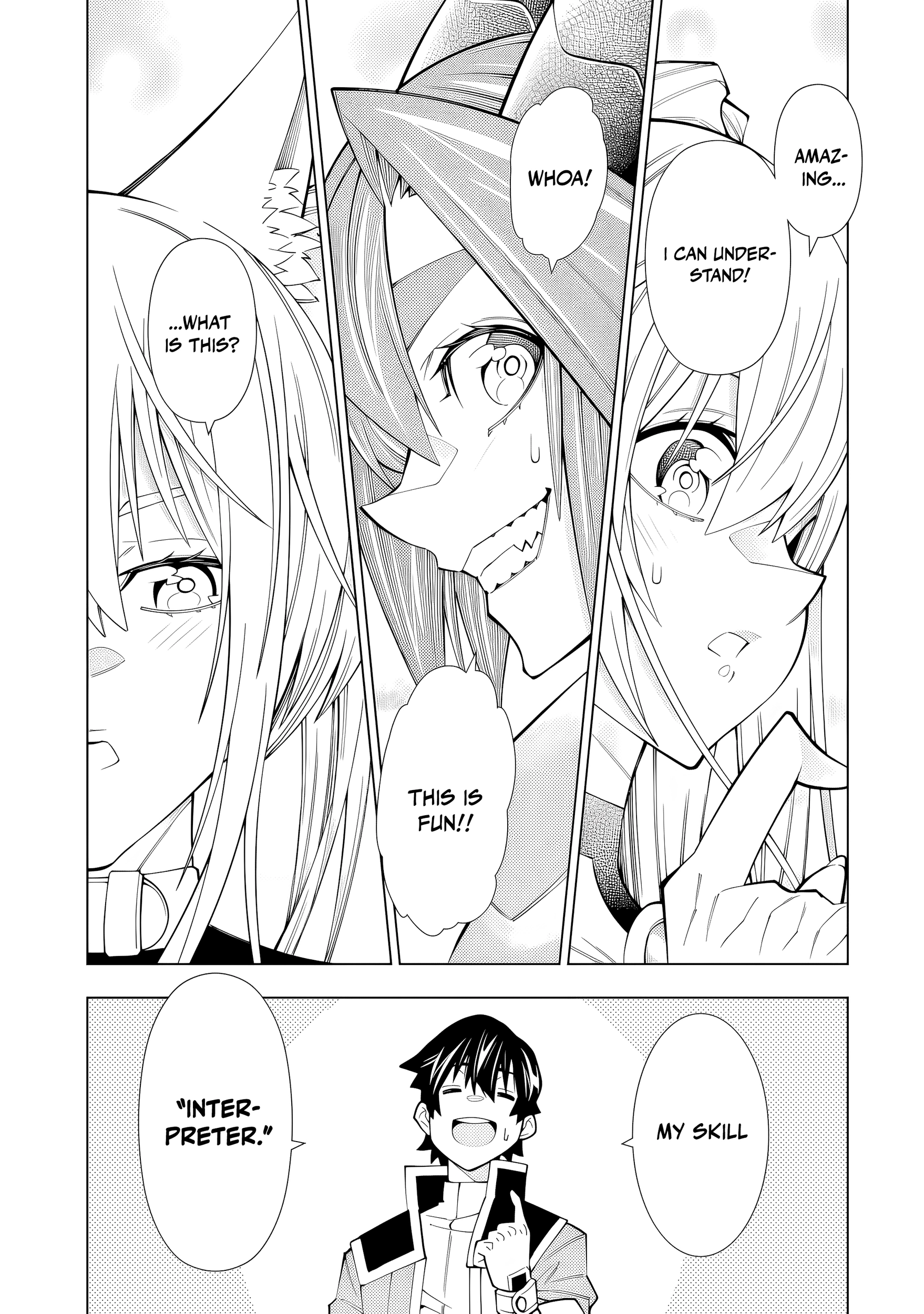 A perpetually F-rank, bottom-tier adventurer with the skill of "interpreter" teams up with the strongest, most beautiful girls of different races, blossoms his talent, and becomes unstoppable. Chapter 1 page 21 - 