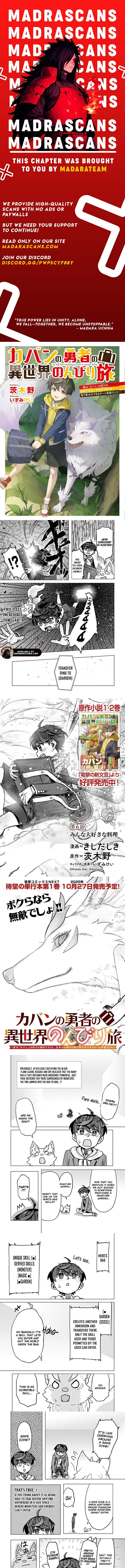 Kaban no Yuusha no Isekai Nonbiri Tabi ~Jitsuwa "Kaban" wa nani demo Kyuushuu Dekirushi, Nihon kara nandemo Toriyose ga Dekiru Cheat bukideshita~ Chapter 6.1 page 1 - 