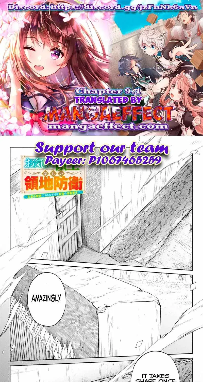 Okiraku Ryoushu no Tanoshii Ryouchi Bouei ~Seisan-kei Majutsu de Na mo na Kimura wo Saikyou no Jousai Toshi ni~ Chapter 9.1 page 1 - 