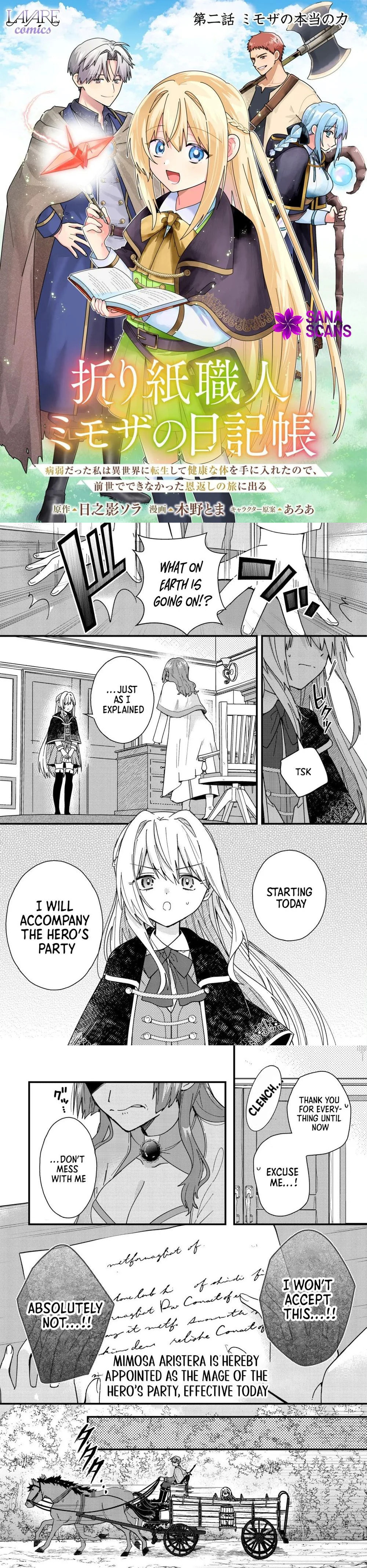 Origami Shokunin Mimosa no Nikkichou: Byoujaku Datta Watashi wa Isekai ni Tensei Shite Kenkou na Karada o Te ni Ireta node, Zense de Dekinakatta Ongaeshi no Tabi ni Deru Chapter 2 page 1 - 