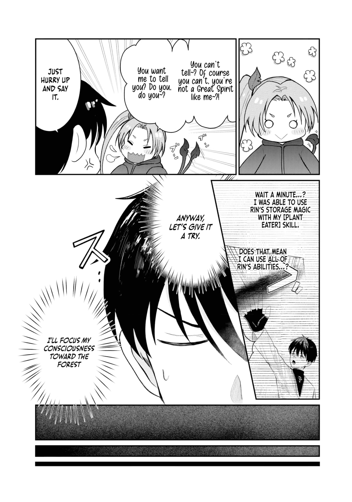 "Sono Hen no Kusa demo Kuttoke" to Tsuihou Sareta Munou Skill [Shokubutsugui] Mochi Tenseisha, Elf no Sato de Maboroshi no Shokubutsu o Tabete Musou Suru Chapter 4 page 4 - 